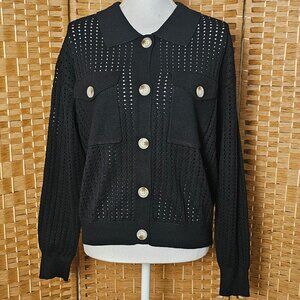 BiBi Pointelle Black Knit Cardigan Top L NWT